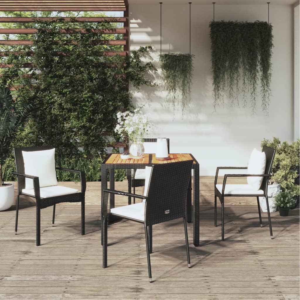 5 Piece Patio Dining Set with Cushions Black Poly Rattan