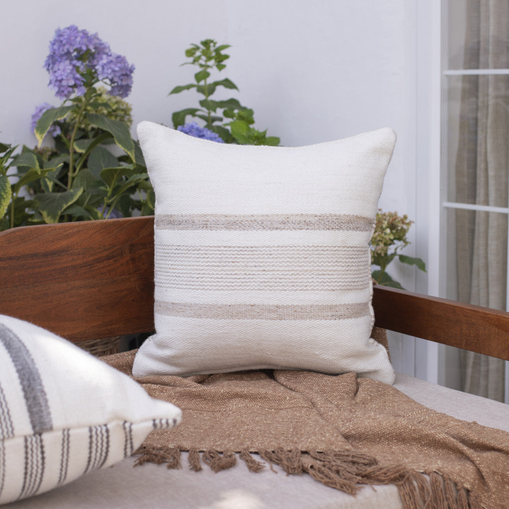 20" White and Natural Striped Throw Pillow