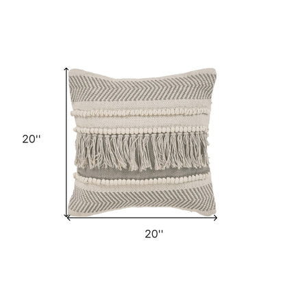 Set of Two Beige Striped Cotton Throw Pillow With Fringe