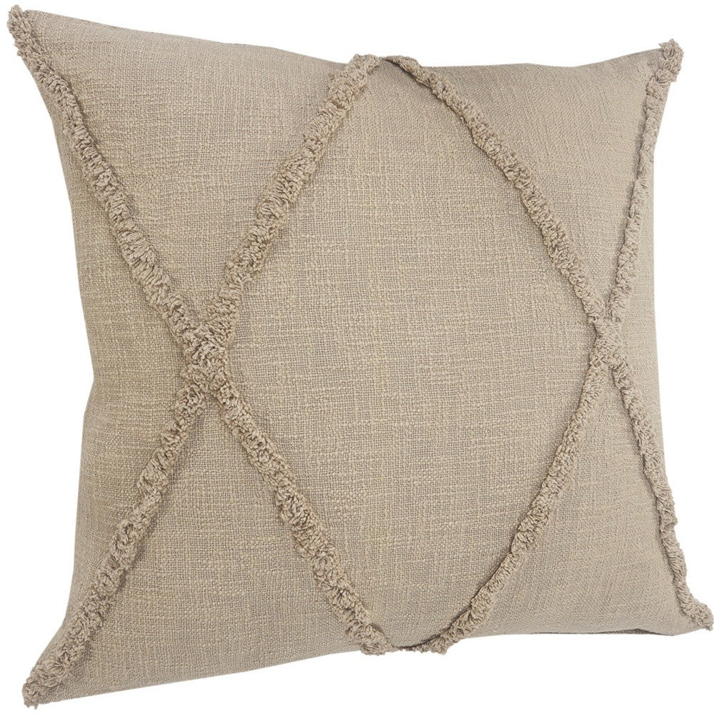 Set of Two Taupe and Brown Diamond Cotton Throw Pillow With Fringe