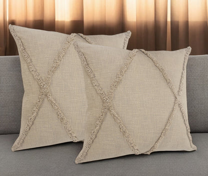 Set of Two Taupe and Brown Diamond Cotton Throw Pillow With Fringes