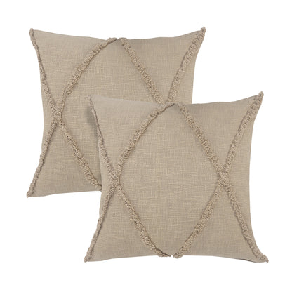 Set of Two Taupe and Brown Diamond Cotton Throw Pillow With Fringe