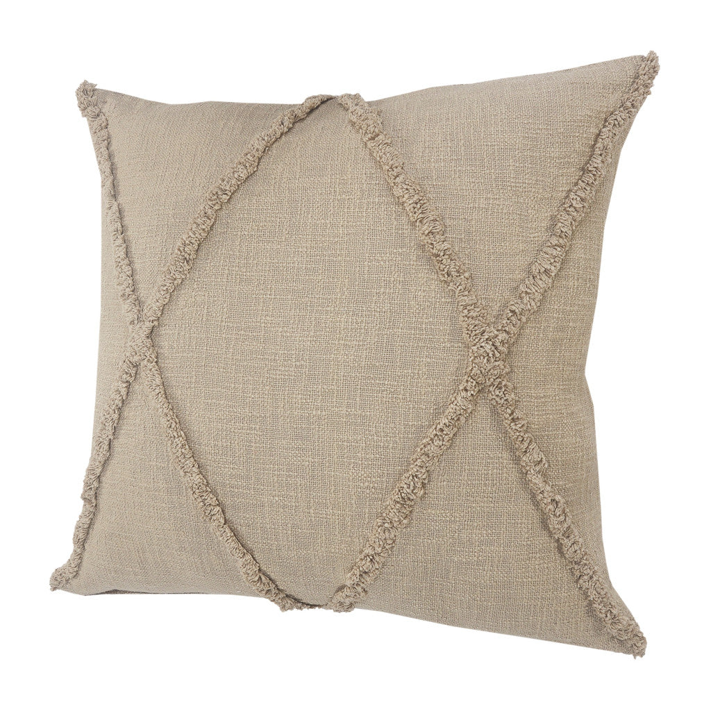 Set of Two Taupe and Brown Diamond Cotton Throw Pillow With Fringes