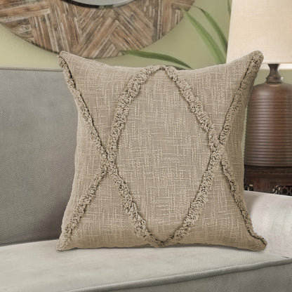 Set of Two Taupe and Brown Diamond Cotton Throw Pillow With Fringe