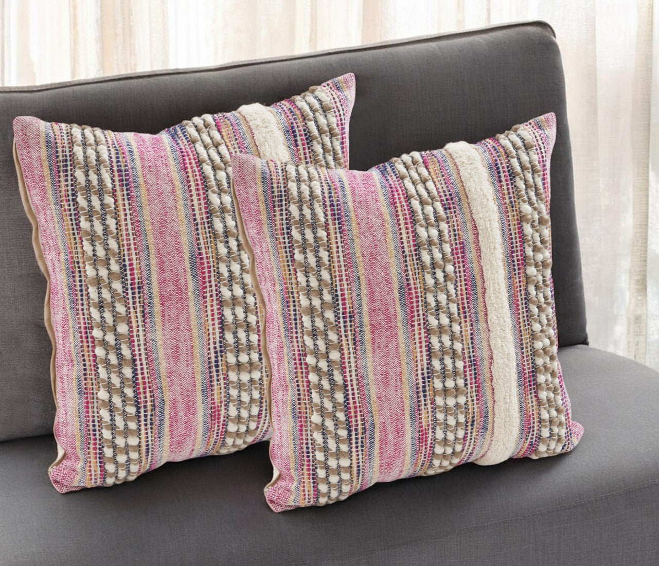 Set of Two Pink Striped Cotton Throw Pillow With Fringe