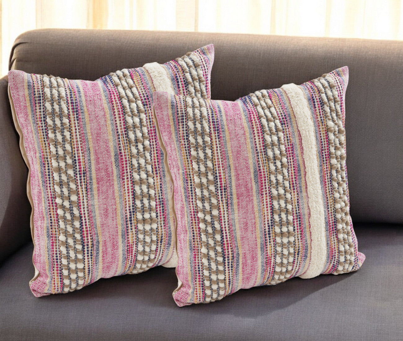 Set of Two Pink Striped Cotton Throw Pillow With Fringe