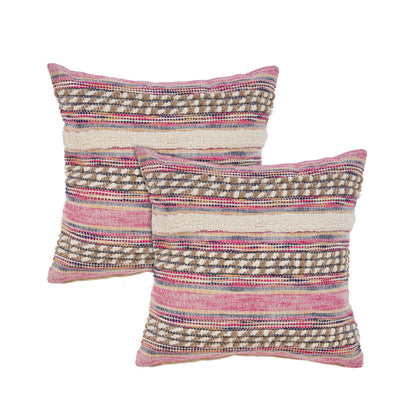 Set of Two Pink Striped Cotton Throw Pillow With Fringe