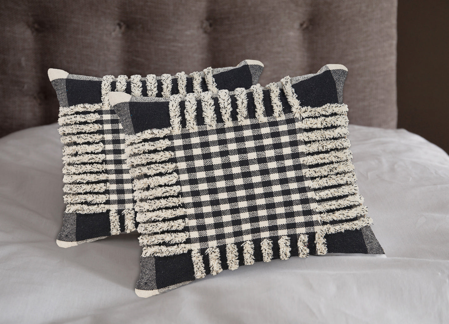 Set of Two Black and Ivory Plaid Cotton Throw Pillow With Fringe