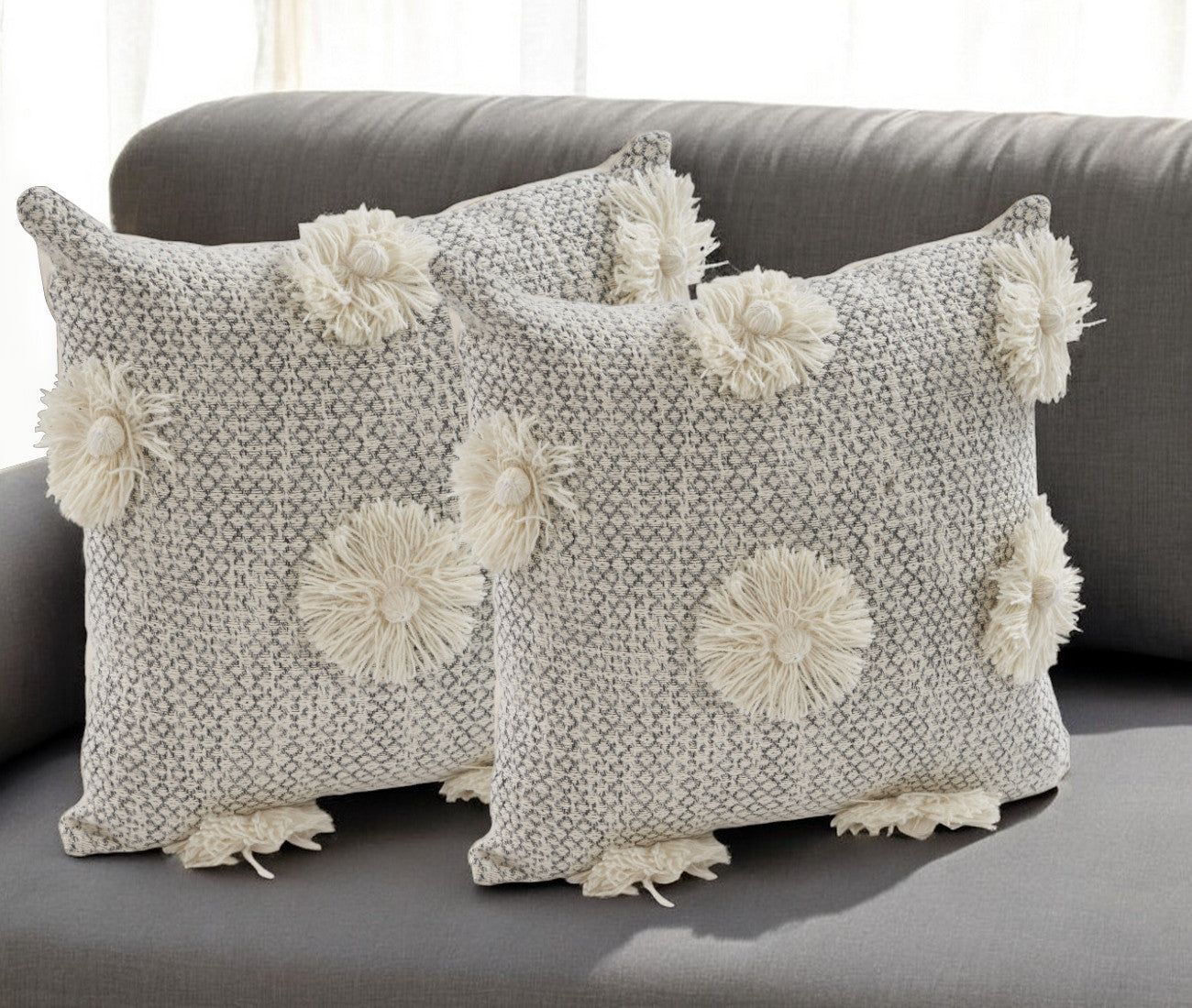 Set of Two Gray and Ivory Floral Cotton Throw Pillow With Fringe