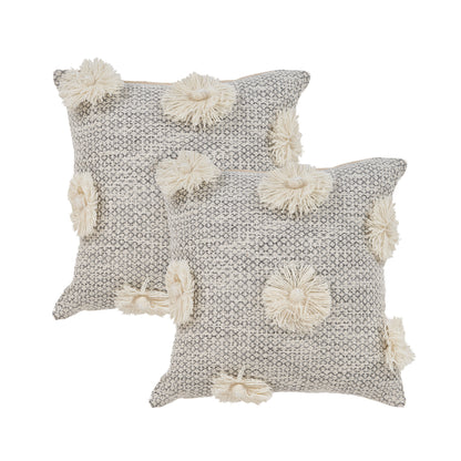 Set of Two Gray and Ivory Floral Cotton Throw Pillow With Fringe