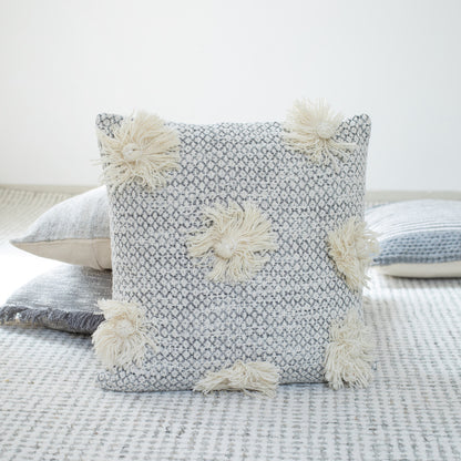 Set of Two Gray and Ivory Floral Cotton Throw Pillow With Fringe