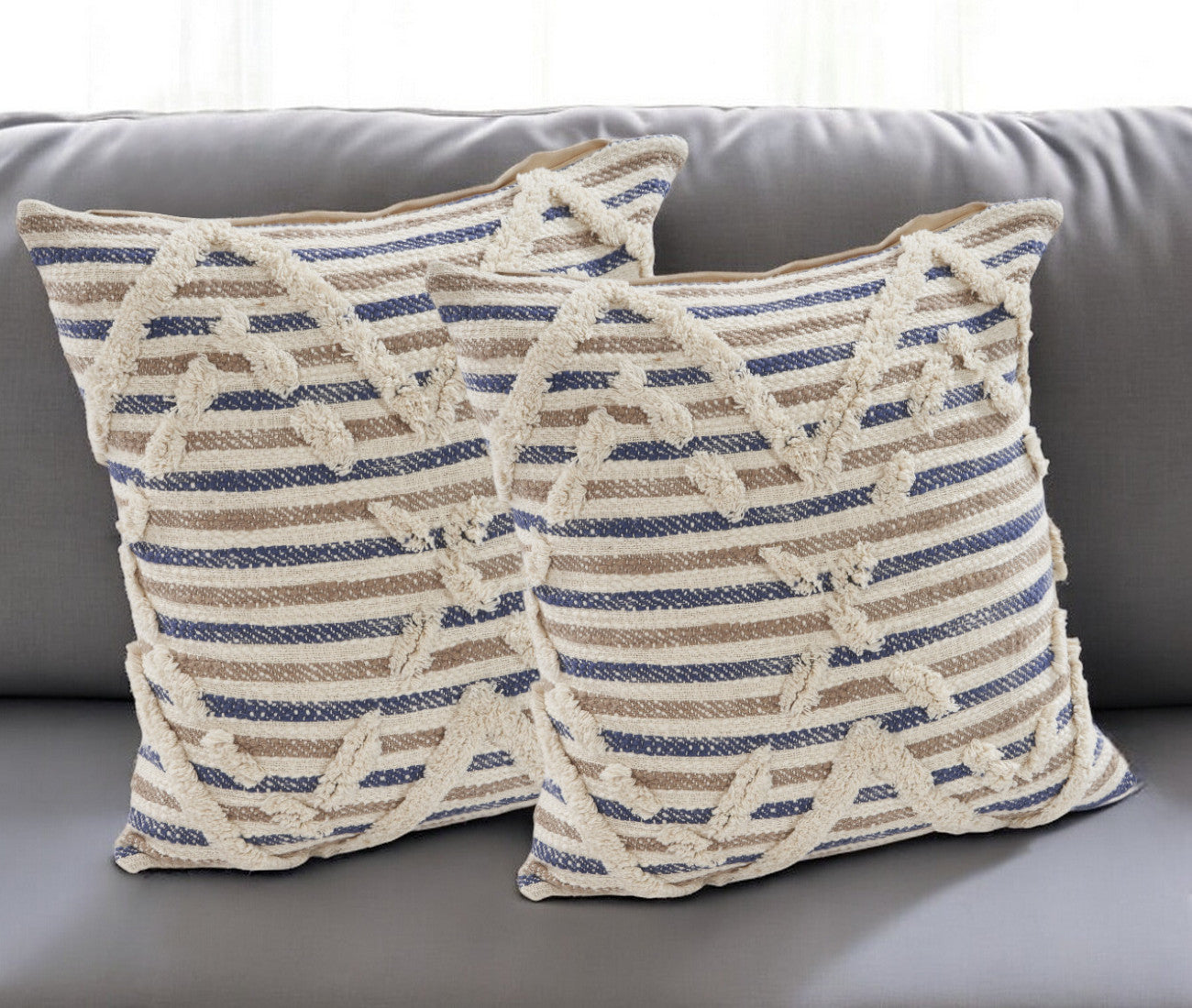 Set of Two Blue Diamond Cotton Throw Pillow With Fringe