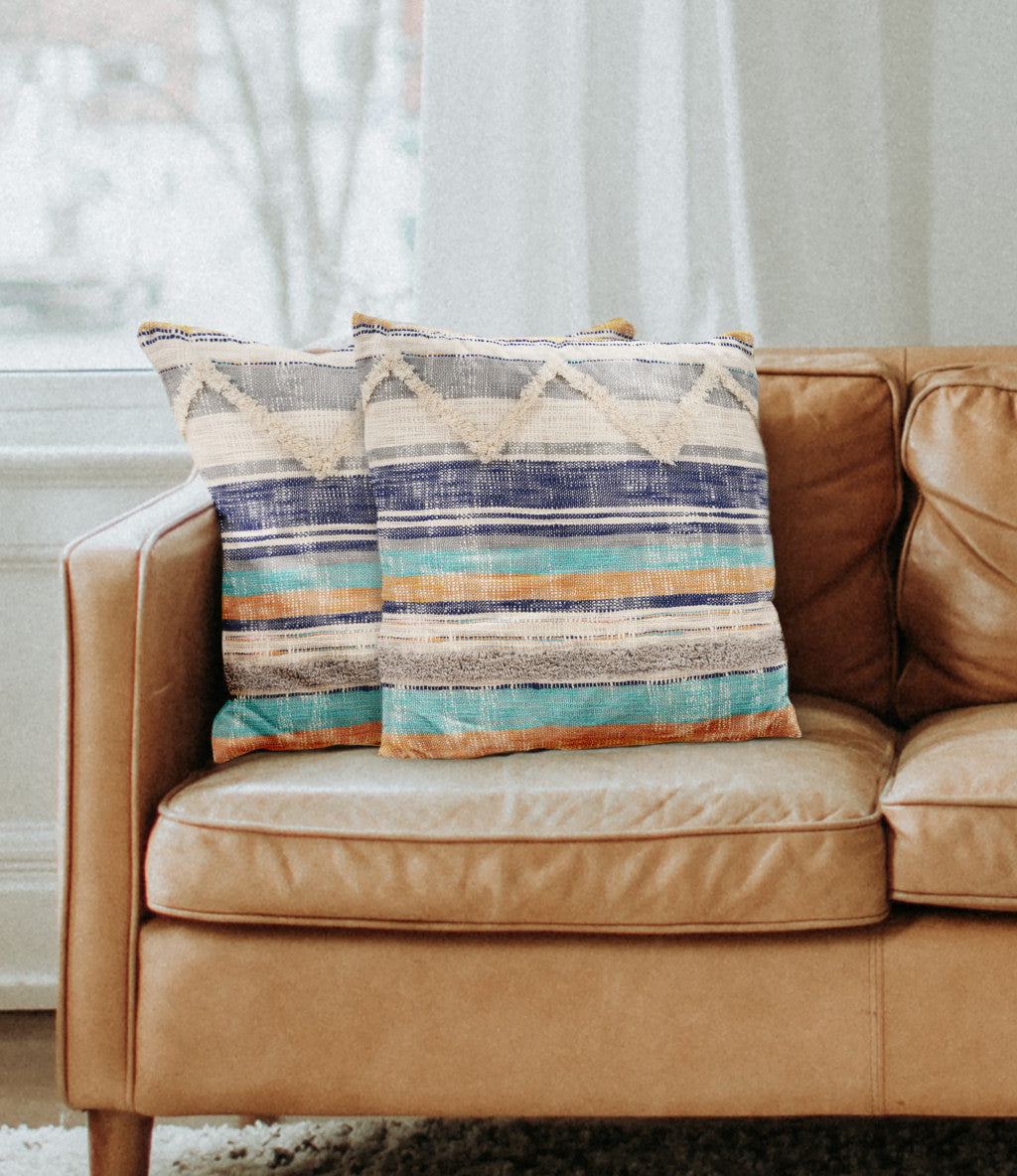 Set of Two Blue Striped Cotton Throw Pillow With Fringe