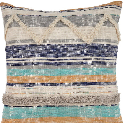 Set of Two Blue Striped Cotton Throw Pillow With Fringe