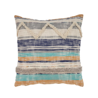 Set of Two Blue Striped Cotton Throw Pillow With Fringe