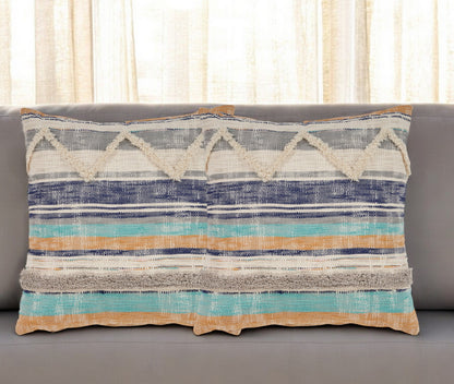 Set of Two Blue Striped Cotton Throw Pillow With Fringe