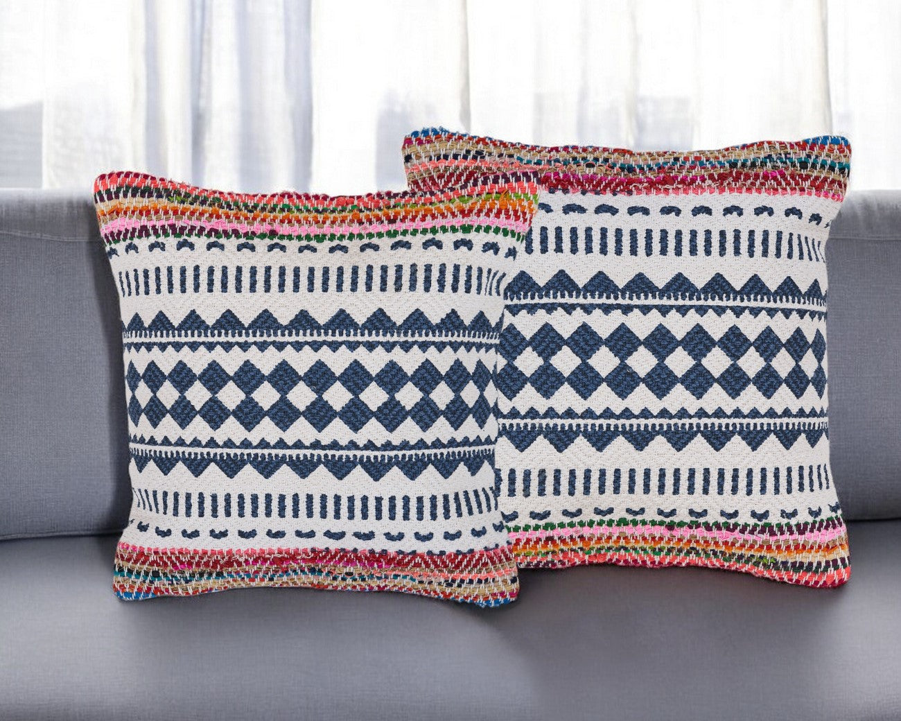 Set of Two Blue Geometric Cotton Throw Pillow