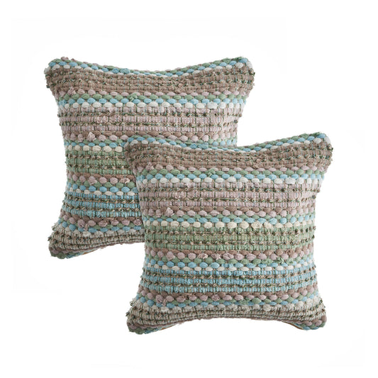 Set of Two Green Blue Striped Cotton Throw Pillow