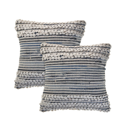 Set of Two Blue and Ivory Striped Cotton Throw Pillow