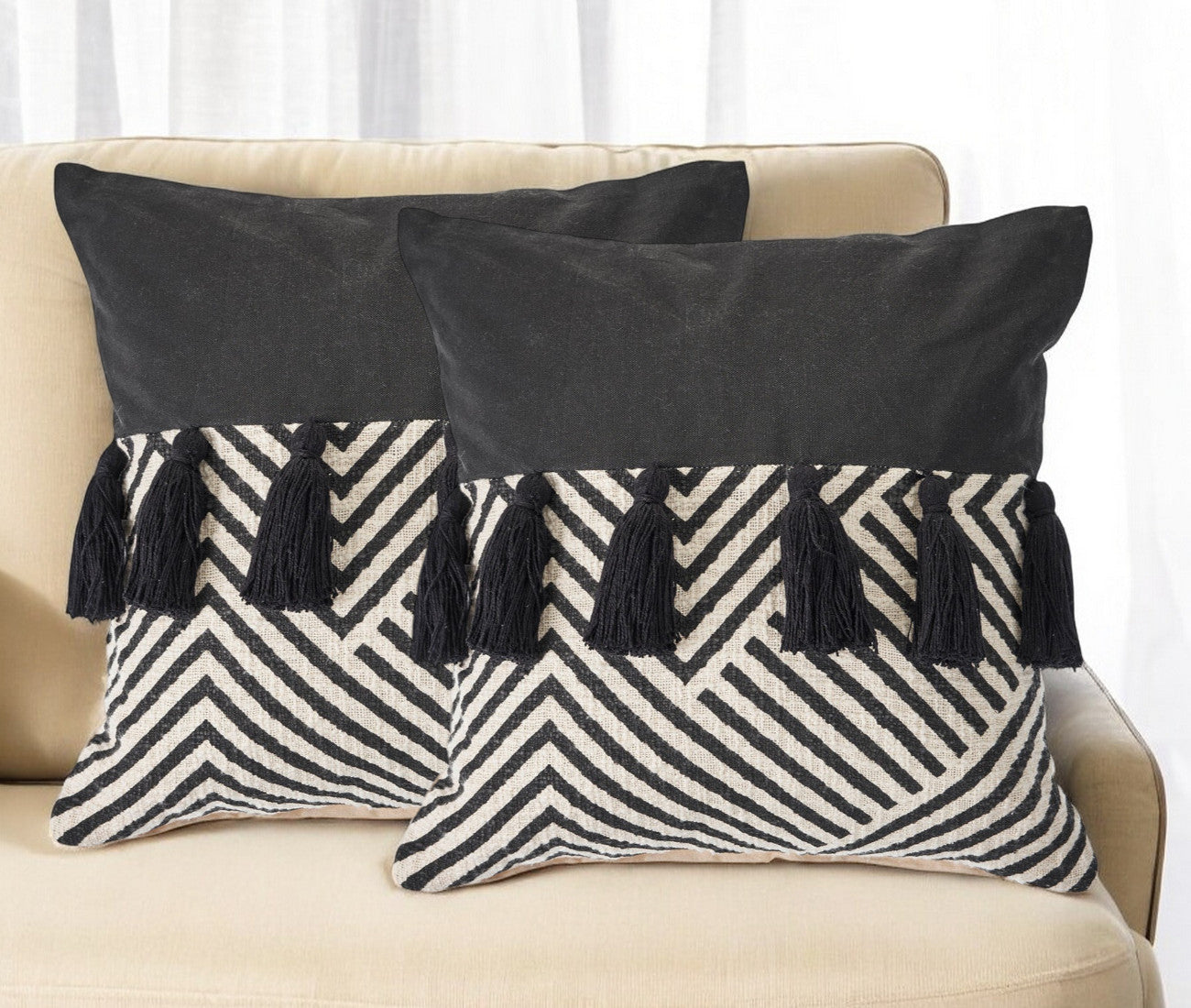 Set of Two Black and White Chevron Cotton Throw Pillow With Tassels