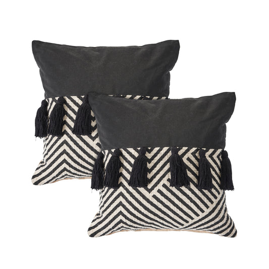 Set of Two Black and White Chevron Cotton Throw Pillow With Tassels