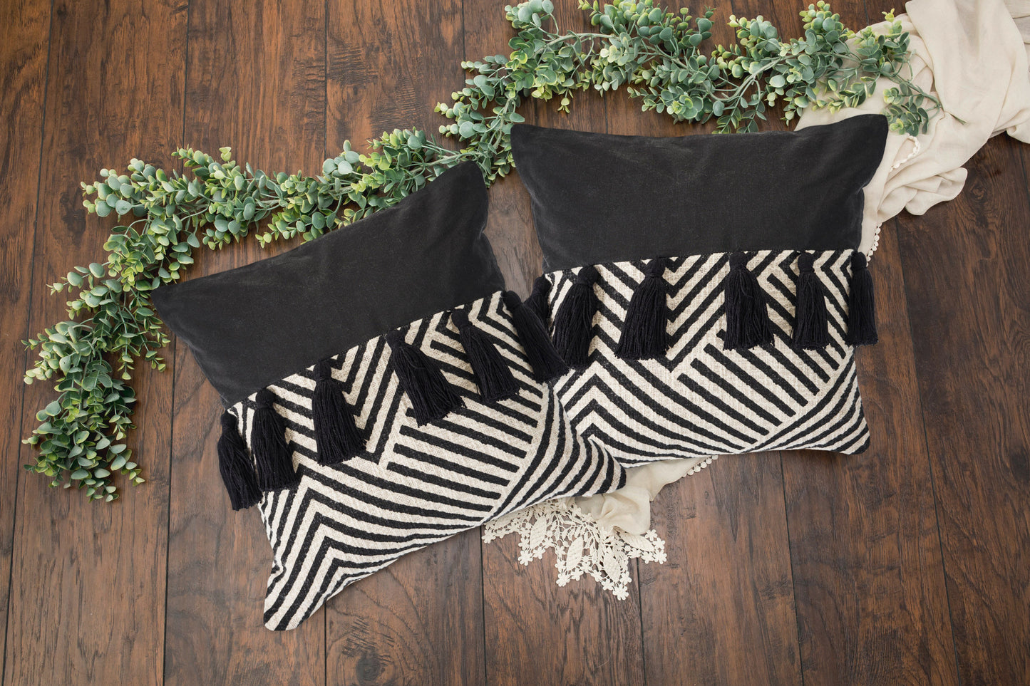 Set of Two Black and White Chevron Cotton Throw Pillow With Tassels