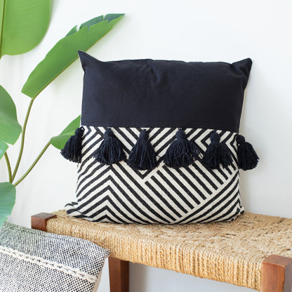 Set of Two Black and White Chevron Cotton Throw Pillow With Tassels