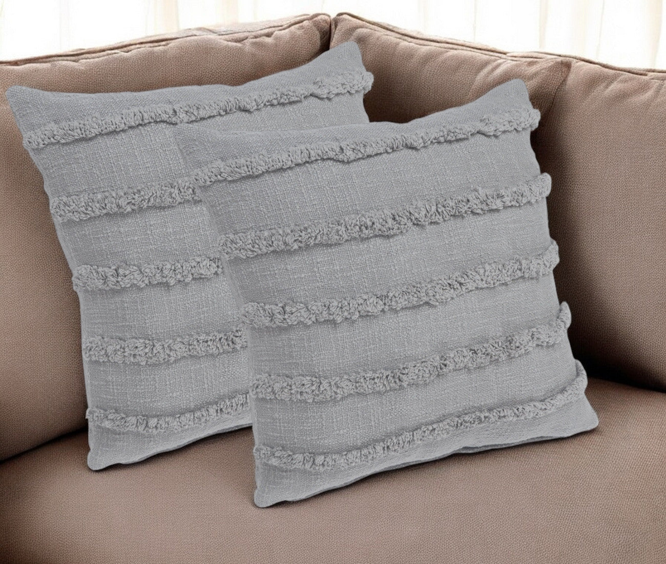 Set of Two Gray Ribbed Cotton Throw Pillow With Fringe