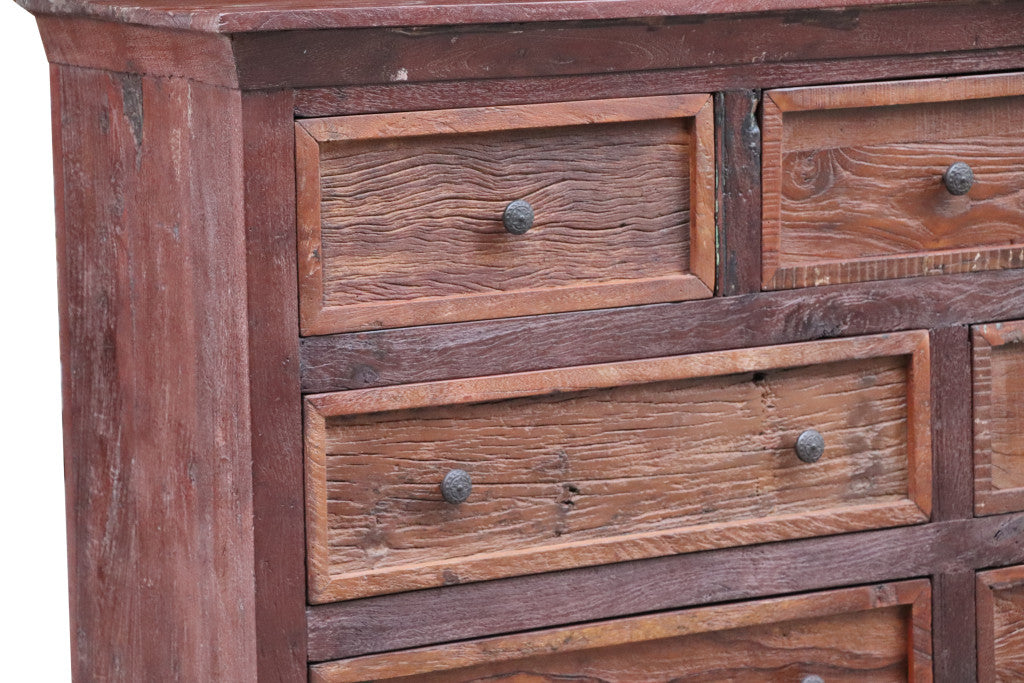 64" Brown Distressed Solid and Reclaimed Wood Seven Drawer Double Dresser