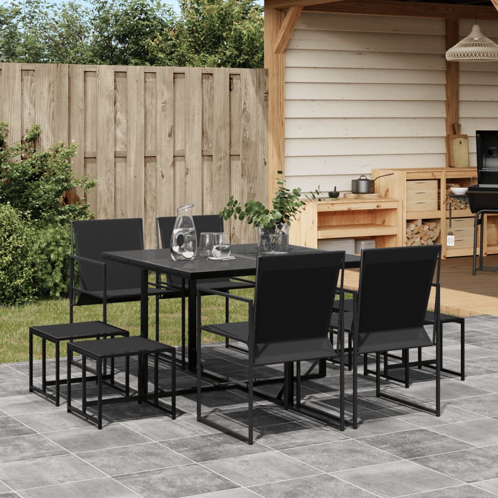 9 Piece Patio Dining Set Black Textilene