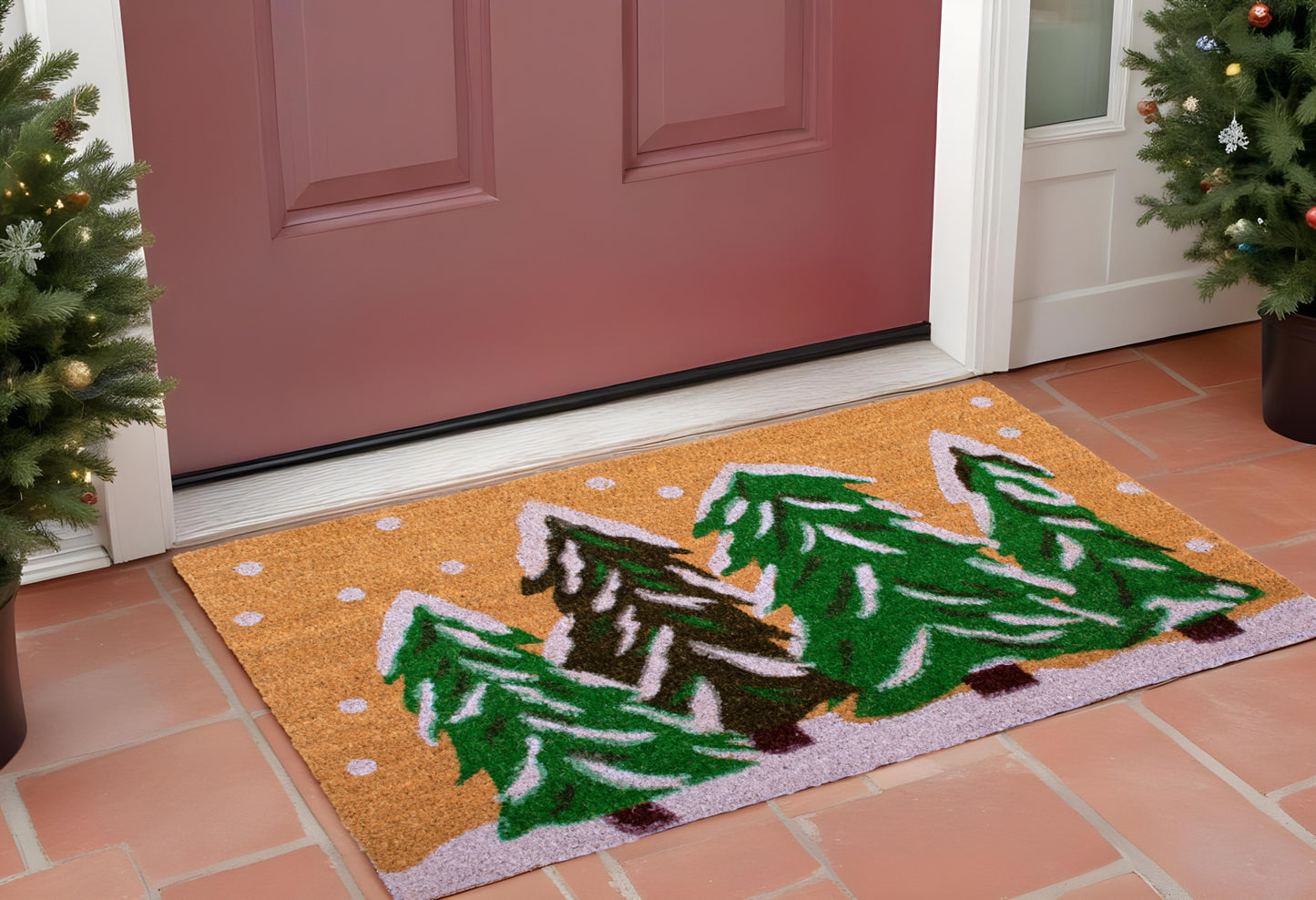 17" X 29" Natural and Green Coir Christmas Trees Outdoor Christmas Door Mat