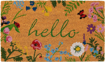 24" X 36" Natural and Green Coir Floral Hello Outdoor Door Mat