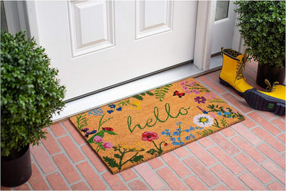 24" X 36" Natural and Green Coir Floral Hello Outdoor Door Mat