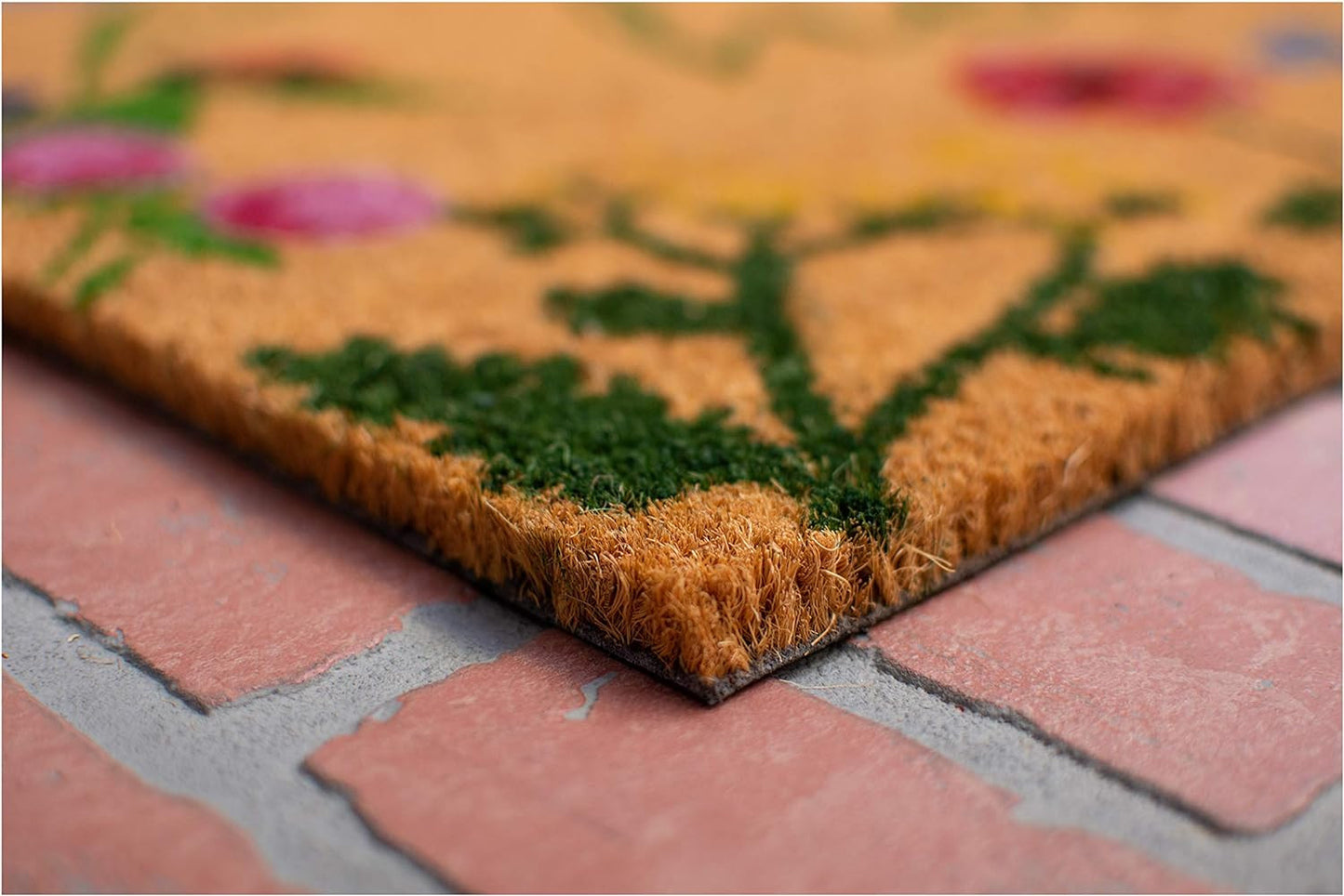 24" X 36" Natural and Green Coir Floral Hello Outdoor Door Mat