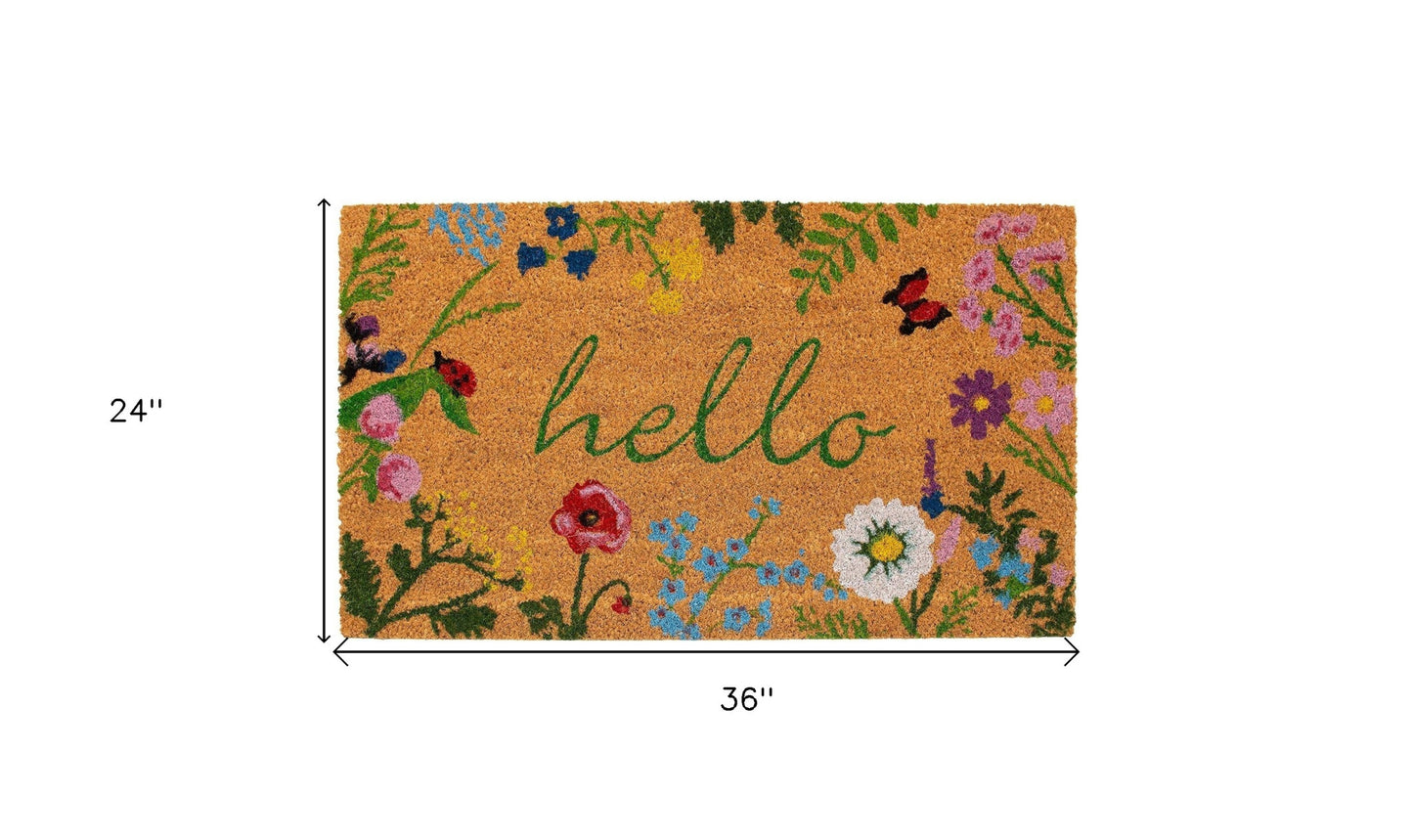 24" X 36" Natural and Green Coir Floral Hello Outdoor Door Mat