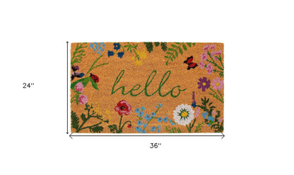 24" X 36" Natural and Green Coir Floral Hello Outdoor Door Mat