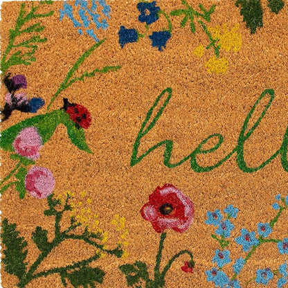 24" X 36" Natural and Green Coir Floral Hello Outdoor Door Mat