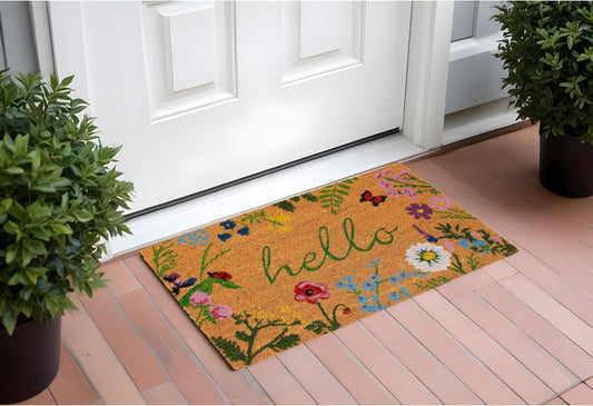 24" X 36" Natural and Green Coir Floral Hello Outdoor Door Mat