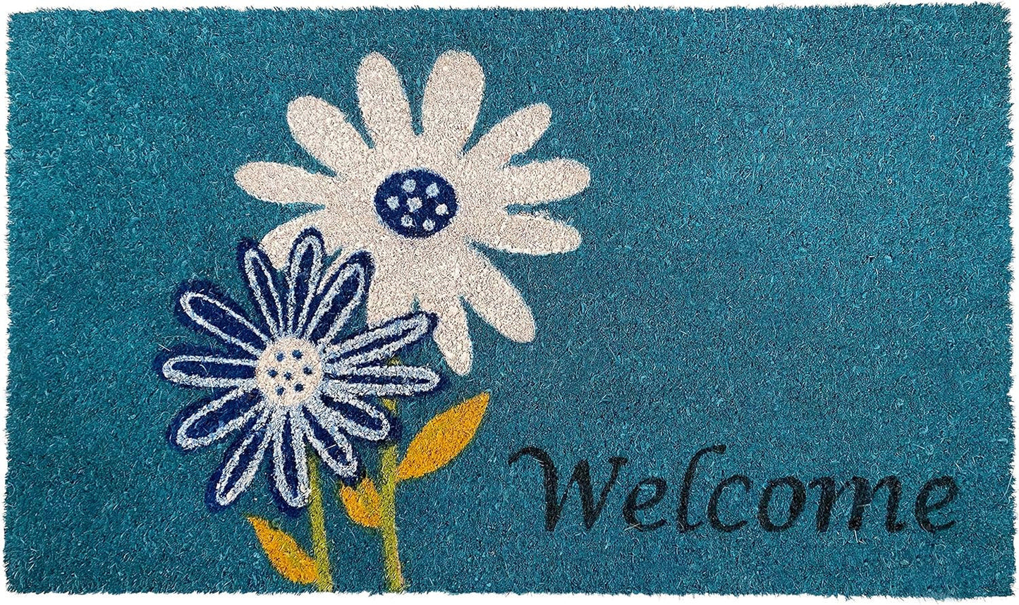 17" X 29" Blue and White Coir Floral Welcome Outdoor Door Mat