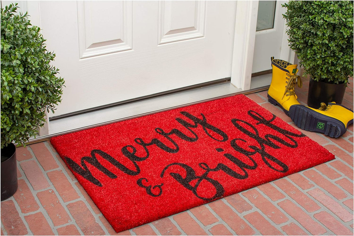 24" X 36" Red and Black Coir Merry and Bright Outdoor Christmas Door Mat