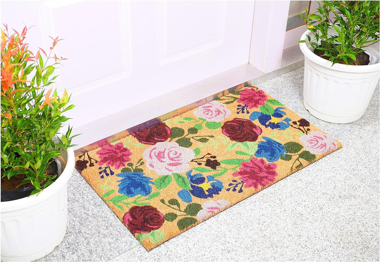 24" X 36" Natural Pink and Green Coir Floral Outdoor Door Mat