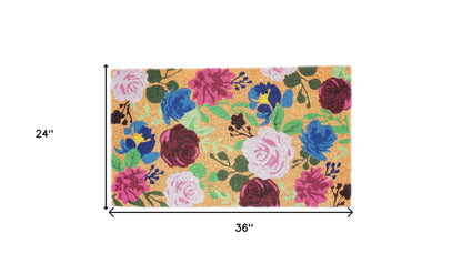 24" X 36" Natural Pink and Green Coir Floral Outdoor Door Mat