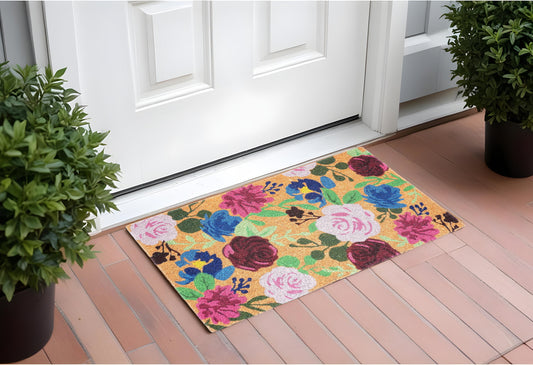 24" X 36" Natural Pink and Green Coir Floral Outdoor Door Mat