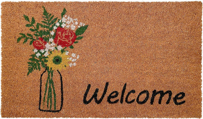 17" X 29" Natural Green and Black Coir Floral Welcome Outdoor Door Mat