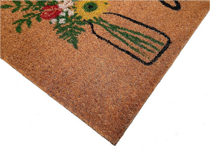 17" X 29" Natural Green and Black Coir Floral Welcome Outdoor Door Mat