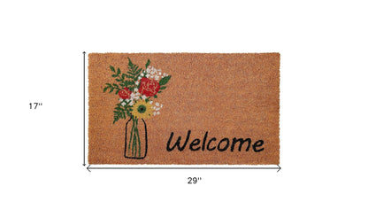 17" X 29" Natural Green and Black Coir Floral Welcome Outdoor Door Mat