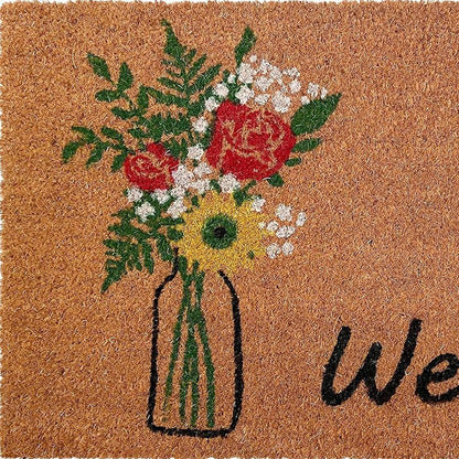 17" X 29" Natural Green and Black Coir Floral Welcome Outdoor Door Mat