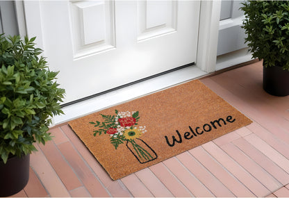 17" X 29" Natural Green and Black Coir Floral Welcome Outdoor Door Mat