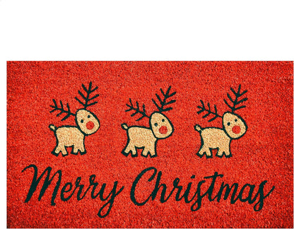 24" X 36" Red and Black Coir Reindeer Merry Christmas Outdoor Christmas Door Mat