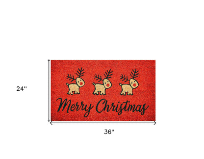 24" X 36" Red and Black Coir Reindeer Merry Christmas Outdoor Christmas Door Mat